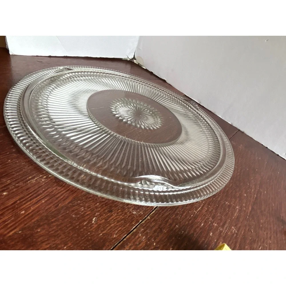Vintage Clear Pressed Glass 3 Leg Short Cake Stand Sunburst Ribbed 12 Inch